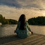 yoga, woman, lake