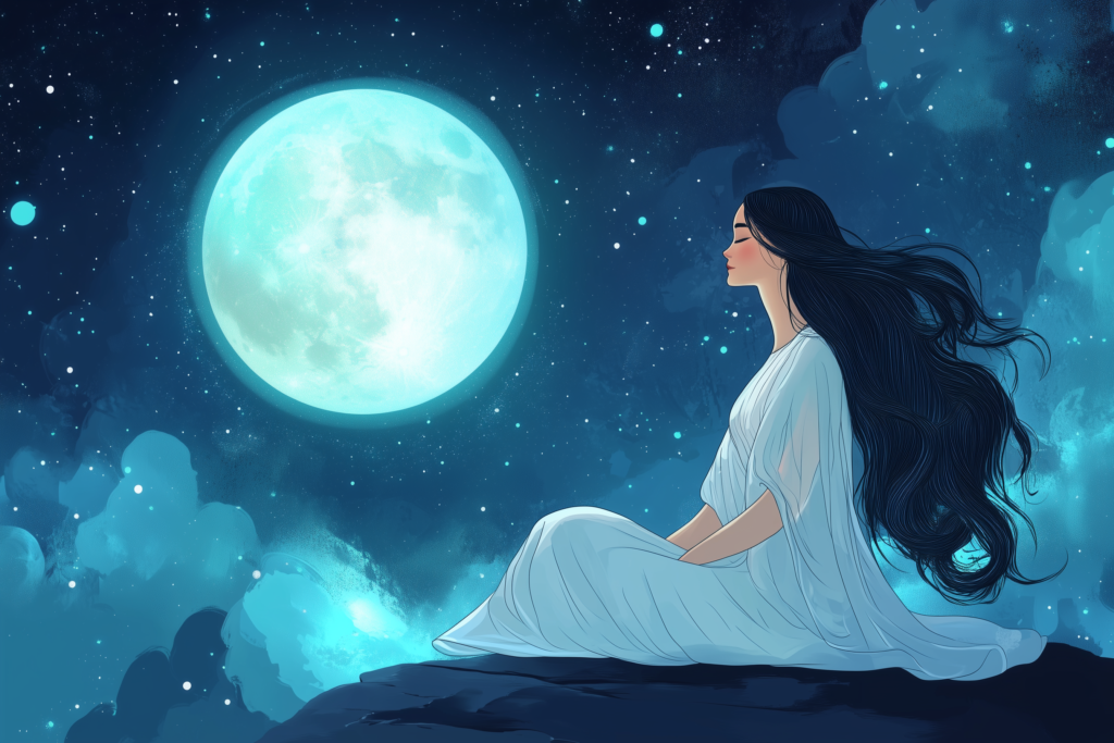 a woman sitting on a rock looking at the moon